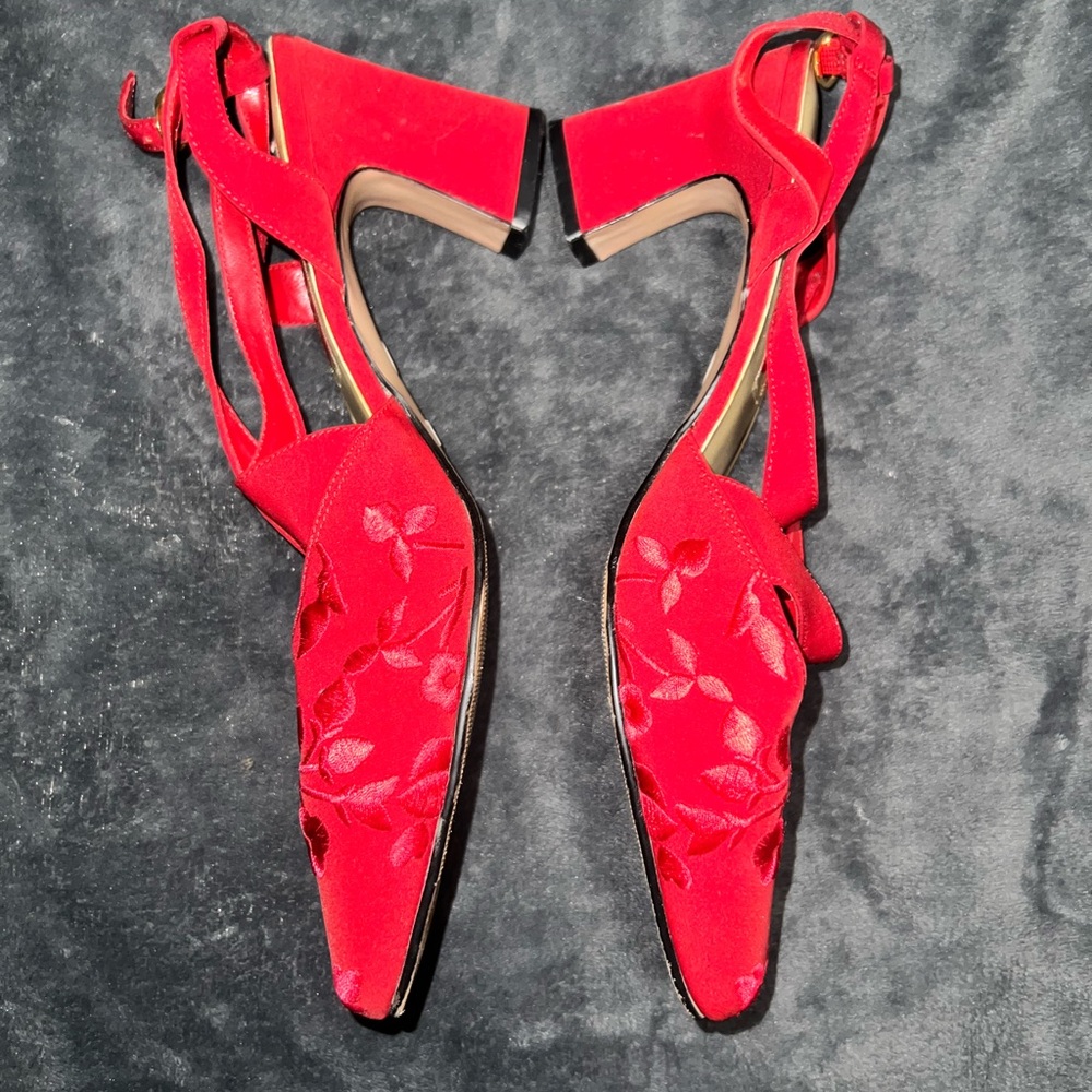 Embroidered Red Strappy Heels- Size 10